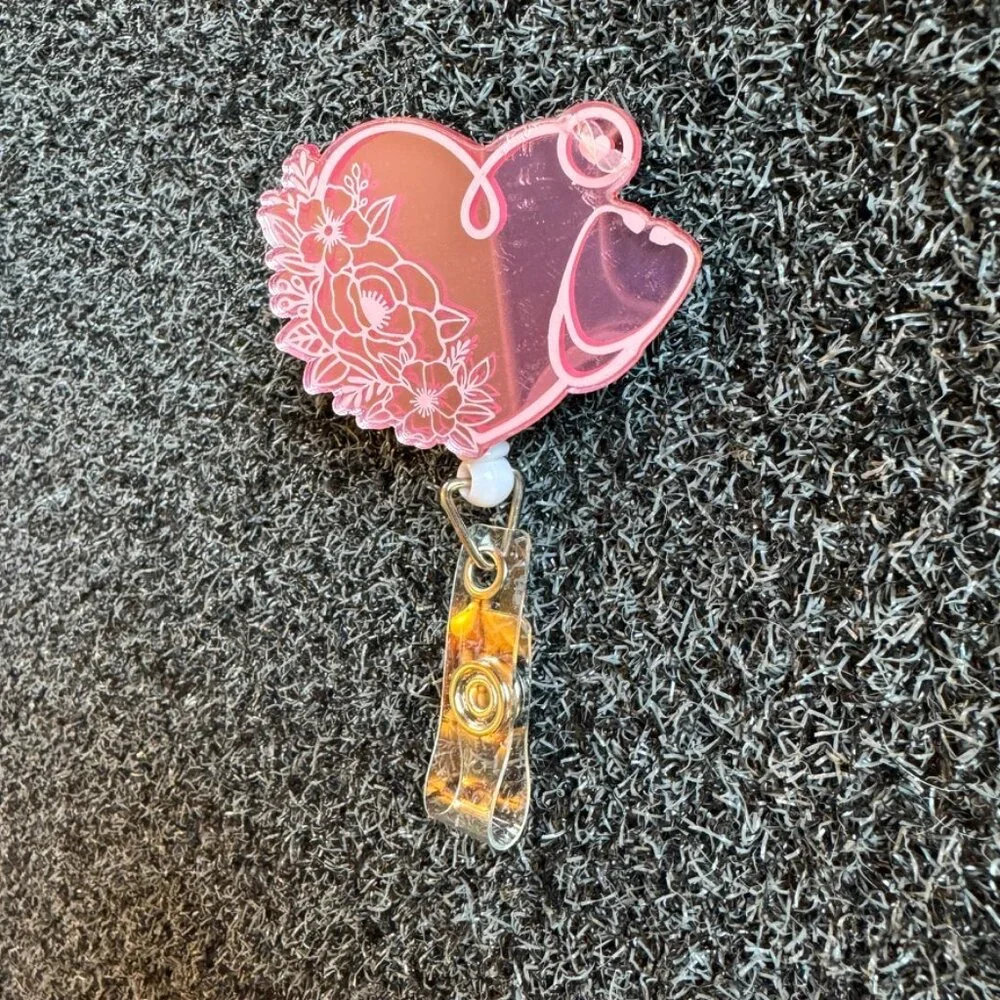 HEART pink heart with flowers and stethoscope badge holder NEW